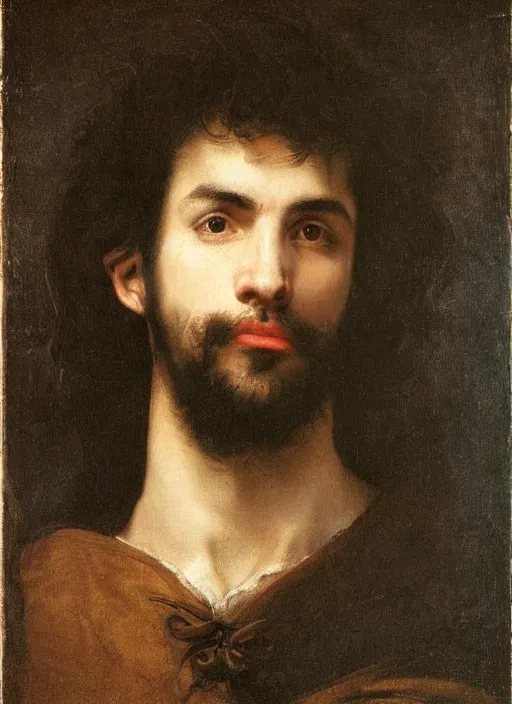 Prompt: portrait of hansom male elf with dark brown eyes, short straight brown hair and a well trimmed short beard by valentin de boulogne, only one head single portrait, pointy ears