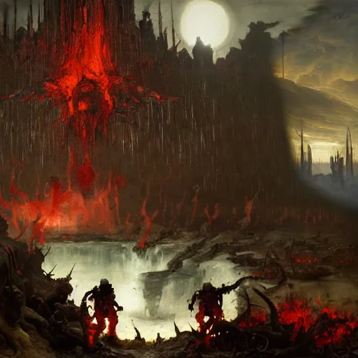 Prompt: doom eternal concept art by brueghel, epic movie still frame of hell by jakub rozalski, garden of eternal delights hell by hieronymus bosh