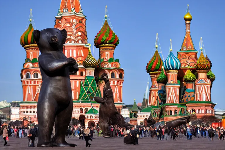 Prompt: a gigantic statue of bear holding vodka in the middle of the red square, excited russians, symmetry, awesome exposition, very detailed, highly accurate, 8 k