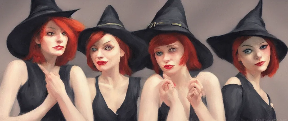 Image similar to a realistic flirty witch sisters portrait, by edward hopper, new artstation artist,