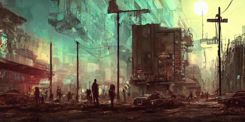 Prompt: digital art, trending on artstation, a post apocalyptic world ruled by rusty machines under a full moon in a gigantic city full of neon lights and machines acting like humans, these being the vast majority of the population.
