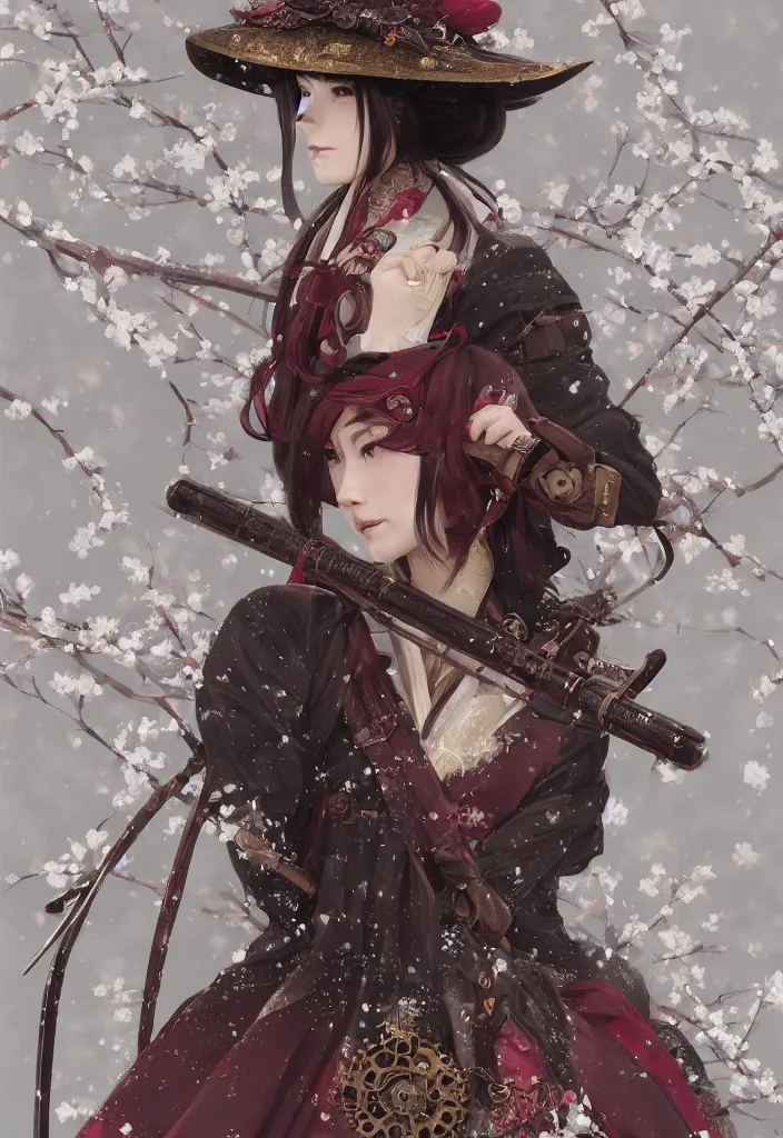 Image similar to detailed portrait of one single steampunk girl samurai with tachi and cross bow combat pose in snow forest sakura cherry blossom swan hakama kimono trending on artstation elite, elegant, luxury, by krenz cushart greg rutkowski alexandros, perfect face, fine details, realistic shaded, fine - face, pretty face