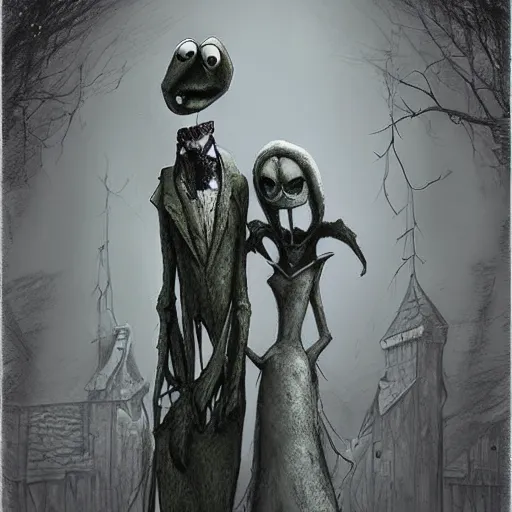 Image similar to michael karcz grunge cartoon drawing of kermit the frog. , in the style of corpse bride, loony toons style, horror themed, detailed, elegant, intricate