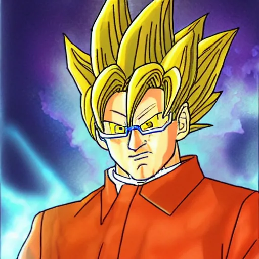 Image similar to François hollande transforming into super saiyan, drew by akira toryama