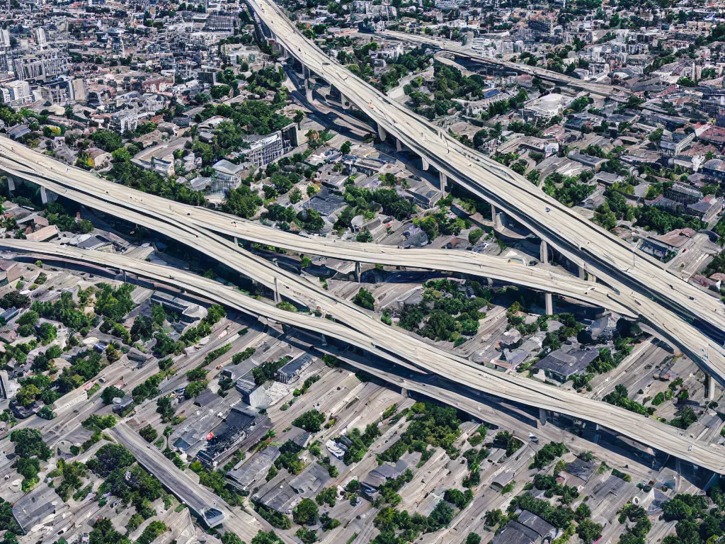 Prompt: drone view of a large highway through city, Brutalist architecture,sharp focus,telephoto lens,digital art 4k