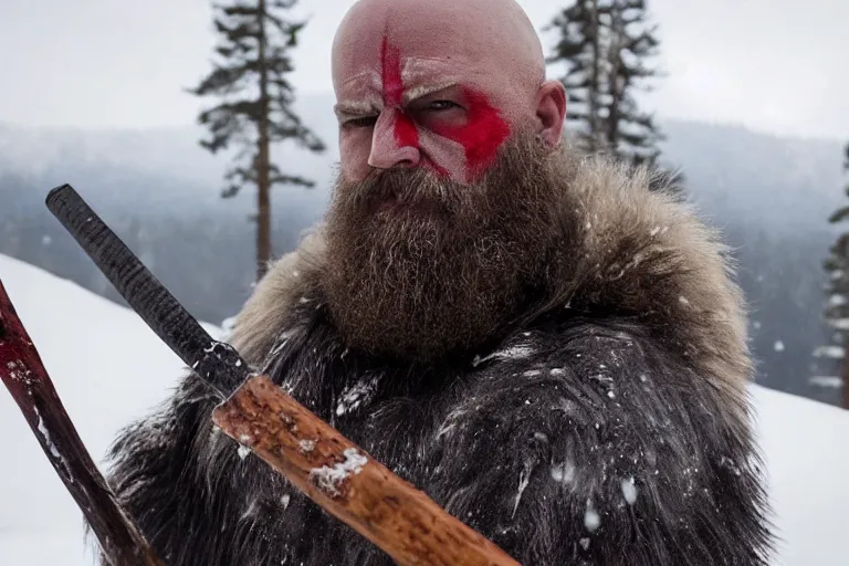 Image similar to vfx movie tough bald man in furs, natural grizzled skin, streaks of red face paint grey beard, holding two detailed viking axes, in snowy tahoe by emmanuel lubezki