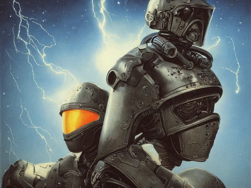 Prompt: a detailed close up portrait painting of a bounty hunter in combat armour and visor. cinematic sci-fi poster. Flight suit, accurate anatomy. portrait symmetrical and science fiction theme with lightning, aurora. lighting. clouds and stars. Futurism by beksinski carl spitzweg moebius and tuomas korpi. baroque elements. baroque element. intricate artwork by caravaggio. Oil painting. Trending on artstation. 8k