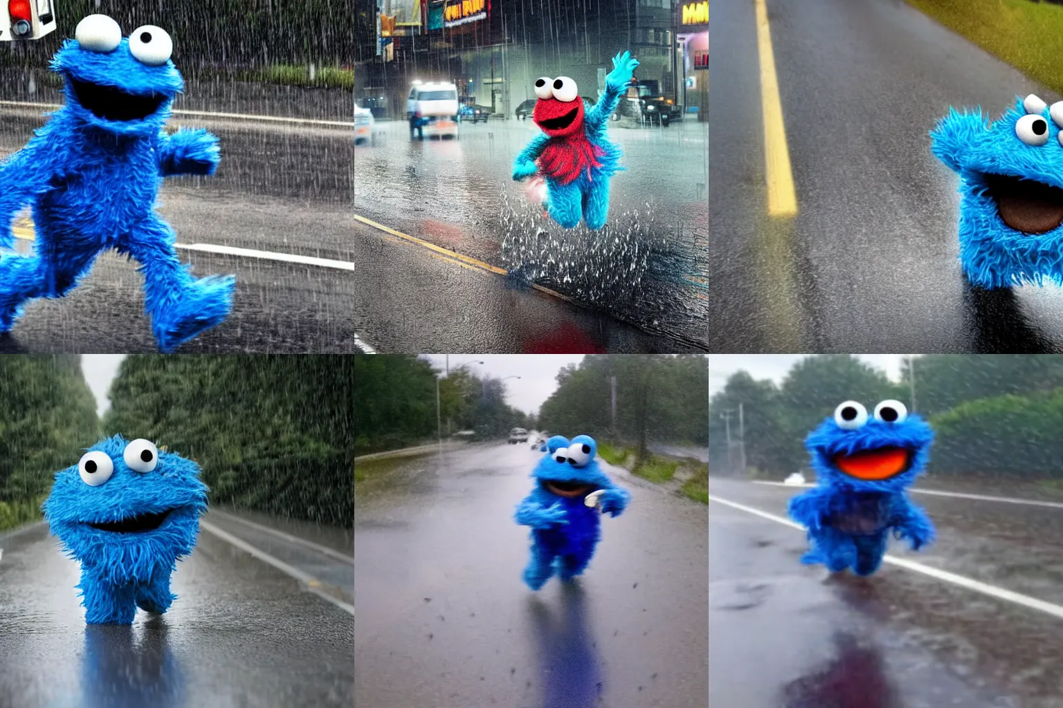 Prompt: Dashcam footage of cookie monster running across a street in the rain holding stolen goods