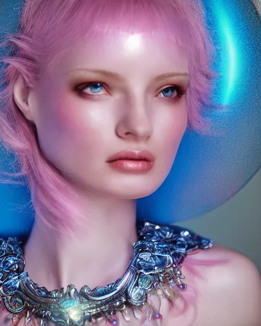 Prompt: natural light, soft focus portrait of an android with soft synthetic pink skin, blue bioluminescent plastics, smooth shiny metal, elaborate ornate head piece, piercings, skin textures, by annie liebovotz,