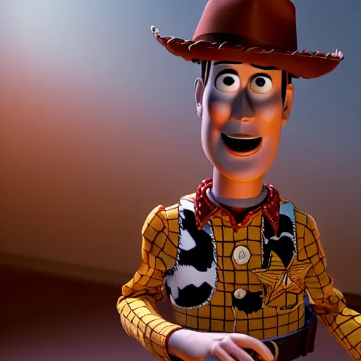 Prompt: Photorealistic creepy toy story woody in the style of Michael Whelan and Gustave Dore. Hyperdetailed photorealism, 108 megapixels, amazing depth, glowing rich colors, powerful imagery, 3D finalrender, 3d shading, cinematic lighting, artstation concept art