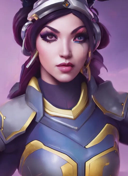 Prompt: character portrait of a fusion of Ashe from Overwatch and Orisa from Overwatch by ArtGerm and Tom Bagshaw, 4k, highly detailed, cinematic lighting, characters merged