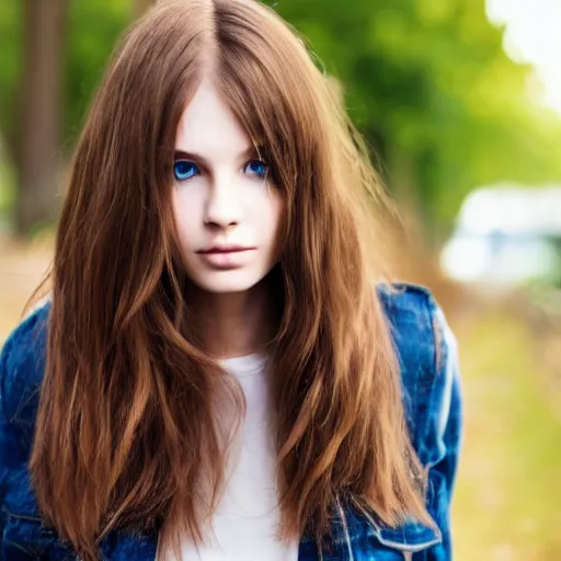 Prompt: fashion model long brown hair fix blue eyes looking into lens heavy bokeh modern fashion look