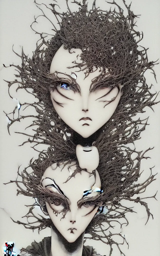 Image similar to prompt: Fragile looking face drawn by Yoshitaka Amano and Takato Yamamoto, ceramic looking face, cyber parts inspired by Evangeleon, clean ink detailed line drawing, intricate detail drawing, manga 1990, portrait