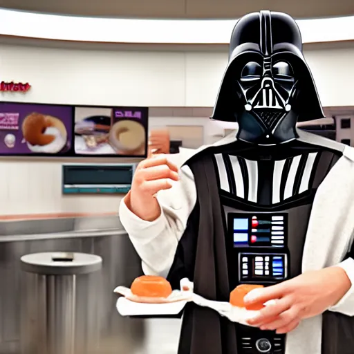 Image similar to darth vador working at dunkin donuts , 8k cinematic lighting, very sharp detail, anatomically correct