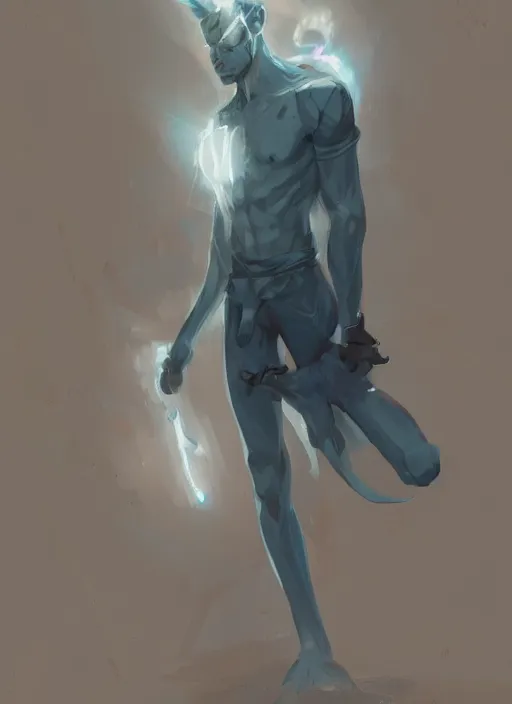 Image similar to a calm young adult male muscular slim blue elf with gey light clothes character design by greg rutkowski