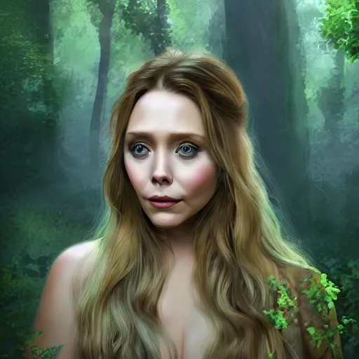 Prompt: Elizabeth Olsen as a nymph, mystical forest, digital art