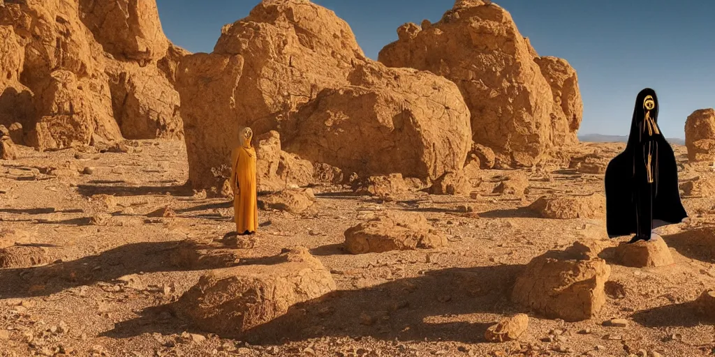 Prompt: levitating woman with full - face golden mask in a dry rocky desert landscape, visible sky and sunny atmosphere, fata morgana and giant mirrors by alejandro jodorowsky, anamorphic lens, kodakchrome, practical effects, masterpiece, 8 k