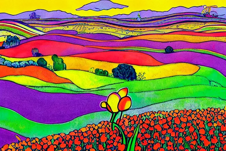 Image similar to a psychedelic painting of a tulip field with rolling hills, watercolour by wes wilson, victor moscoso, robert crumb, peter max, william finn, martin sharp