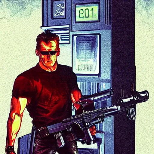 Image similar to The Terminator model 101 stands tall in club \'Tech Noir\' pointing an UZI 9mm sub machine gun at his targets forehead, The red laser sights can be seen through the dry ice. detailed, digital painting, artstation, concept art, smooth, sharp focus, illustration, art by artgerm and greg rutkowski and alphonse mucha