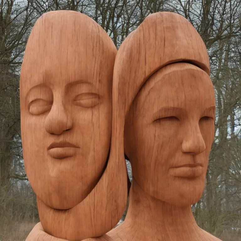Prompt: public sculpture minimalist portrait of a powerful woman wearing a bun, beautiful symmetrical face accurate face detailed face realistic proportions, carved out of a red oak wood on a pedestal by stephan balkenhol and martin puryear, hyperrealistic dramatic lighting shocking detail trending on artstation 8 k
