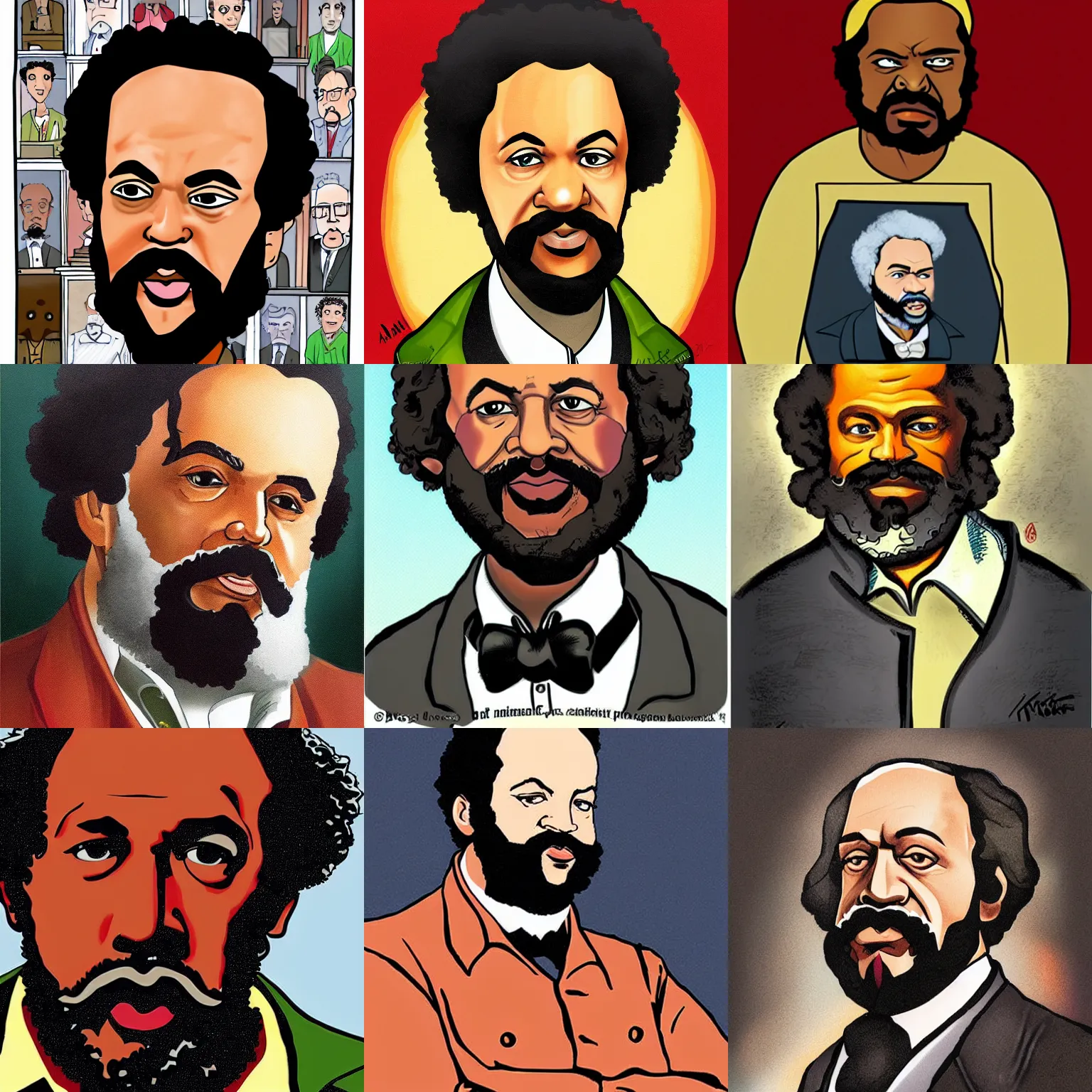 Prompt: Portrait on karl marx, painted by Aaron McGruder