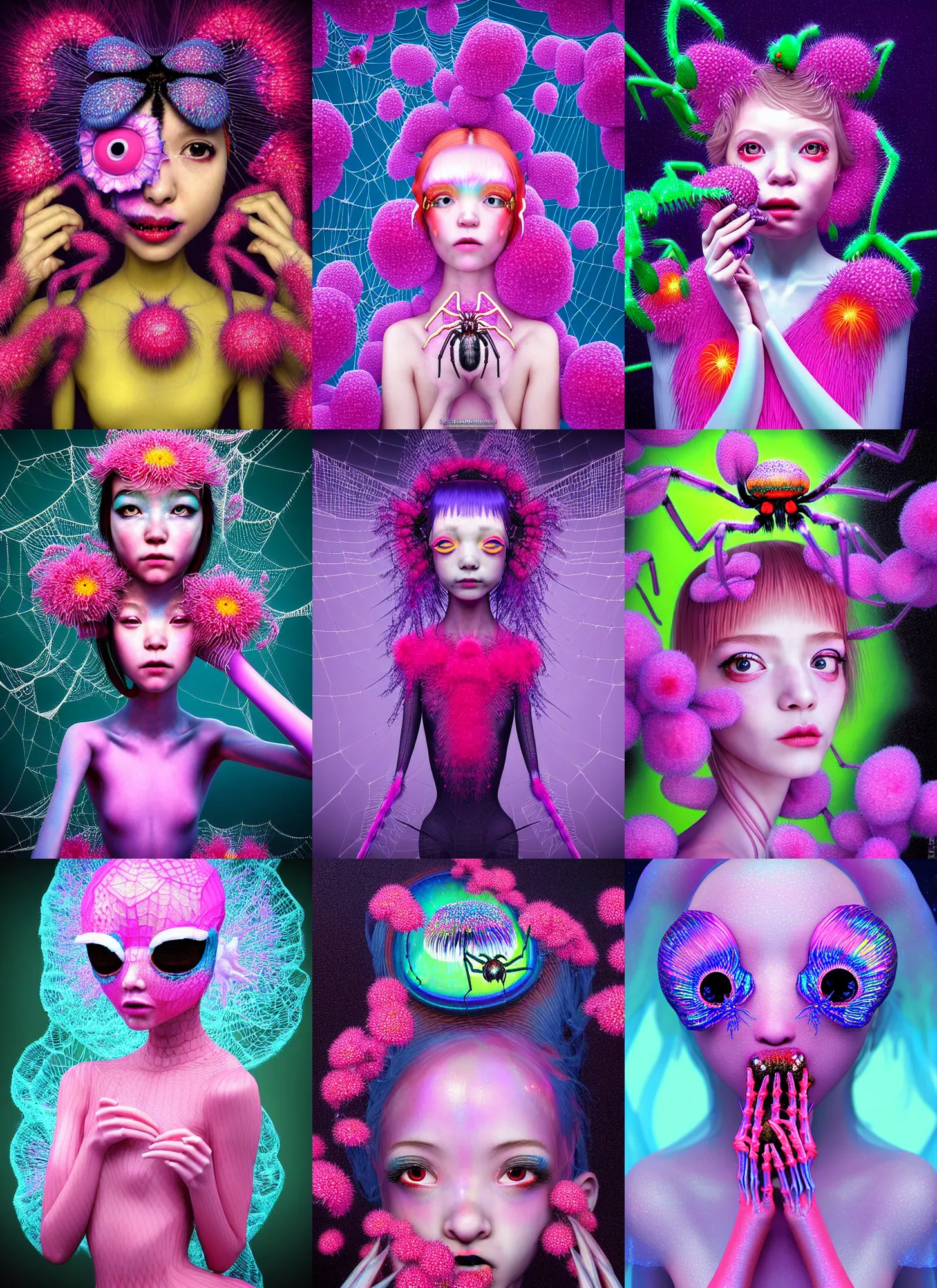 Prompt: hyper detailed 3d render like a Oil painting - kawaii portrait Aurora (a spider headed flapper-girl from the future that looks like a spider-headed girl) seen Eating of the Strangling network of yellowcake aerochrome and milky Fruit and Her delicate Hands hold of gossamer polyp blossoms bring iridescent fungal flowers whose spores black the foolish stars by Jacek Yerka, Ilya Kuvshinov, Glenn Barr, Mariusz Lewandowski, Houdini algorithmic generative render, Abstract brush strokes, Masterpiece, Edward Hopper and James Gilleard, Zdzislaw Beksinski, Mark Ryden, Wolfgang Lettl, hints of Yayoi Kasuma, octane render, 8k