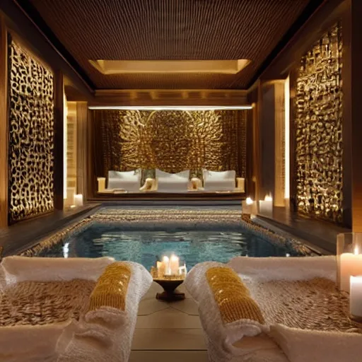 Prompt: interior of a 2 story spa with everything made of gold, candles, wellness pool, intricate detailed roof, contemporary design