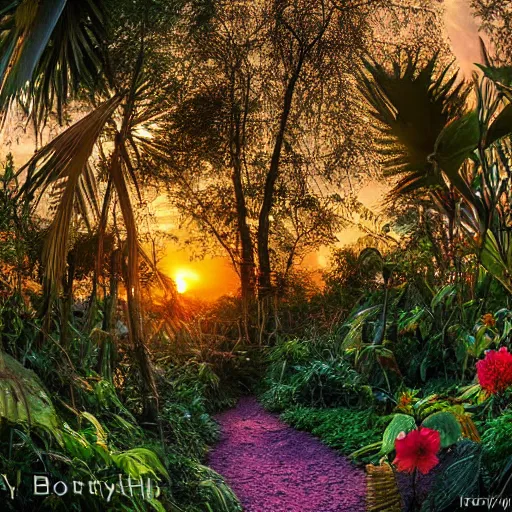 Image similar to an enchanted forest full of beautiful tropical flowers, with a sunset, by alex horley, bokeh photography, amaranth colour