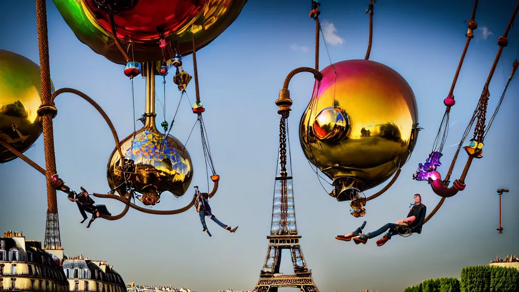 Image similar to large colorful futuristic space age metallic steampunk steam - powered balloons with pipework and electrical wiring around the outside, and people on rope swings underneath, flying high over the beautiful paris city landscape, professional photography, 8 0 mm telephoto lens, realistic, detailed, photorealistic, photojournalism