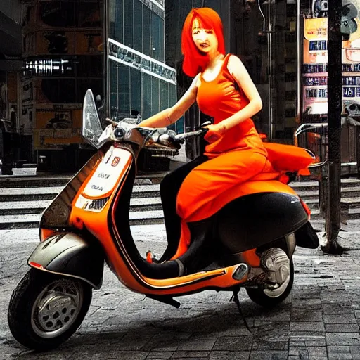 Prompt: the orange - haired vespa queen in hong kong, by stina persson and ruan jia