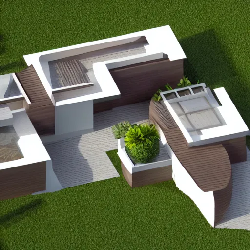Image similar to isometric view, render of a beautiful modern home designed for aesthetics, energy efficiency and maximizing plants and greenery, cg render, high resolution, professional