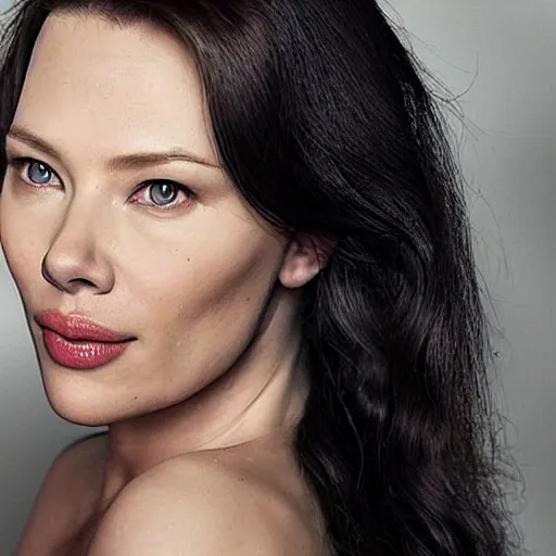 Image similar to a woman who is a genetic combination of scarlett johansen and lucy liu face and upper - body focus