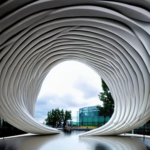 Prompt: ! dream! dream an art museum whose architecture is inspired by drum and flute instrument pieces, fluid dynamics, undulating sculpture ar 1 6 : 9