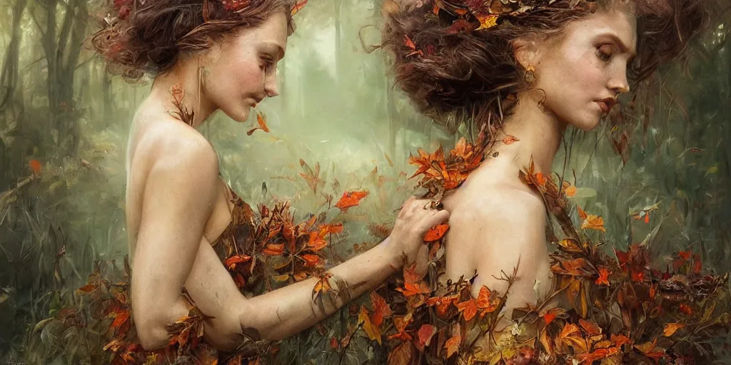 Image similar to breathtaking detailed concept art painting blend of two goddess of autumn by volegov with anxious piercing eyes, vintage illustration pattern with bizarre compositions blend of plants and stems and leaves by john howe, exquisite detail, extremely moody lighting, 8 k