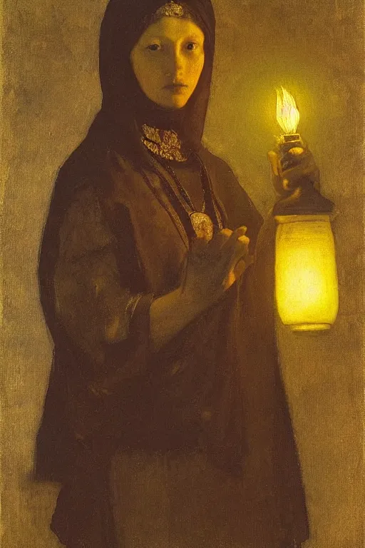 Image similar to queen of the twilight with her lantern , by Annie Swynnerton and Nicholas Roerich and Vermeer, strong dramatic cinematic lighting , ornate headdress , lost civilizations, smooth, sharp focus, extremely detailed