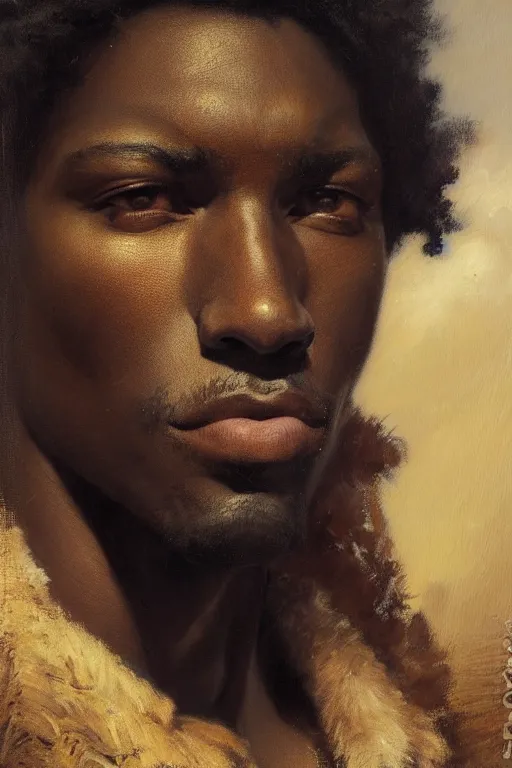 Prompt: portrait of handsome black young male, high detail, cleary see face, detailed eyes, by gaston bussiere, bayard wu, greg rutkowski, auguste bourotte, odd nerdrum, maxim verehin, dan dos santos, masterpiece, sharp focus, cinematic lightning