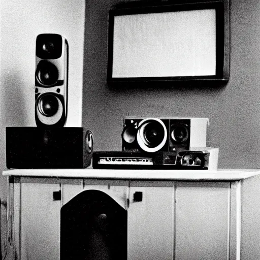 Prompt: 60s movie still of home music studio by Irving Penn, Cinestill 800t 35mm black and white, heavy grainy picture, very detailed, high quality, 4k, HD criterion, dramatic lightning, precise texture, gettyimages