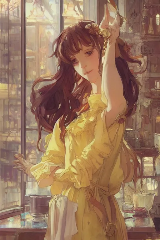 Image similar to A girl in a maid's outfit in a cafe a afternoon, wavy hair yellow theme,S line,45 angel by krenz cushart and mucha and wlop and greg rutkowski