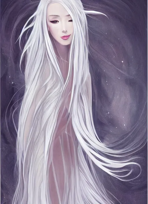 Prompt: tall thin beautiful goddess, pale wan feminine angel, long flowing silver hair covering her whole body, beautiful painting, young wan angel, flowing silver hair, flowing white robes, flowing hair covering front of body, white robe, white dress of silver hair, aesthetic, mystery