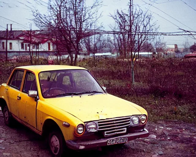 Image similar to a lomographic photo of old lada 2 1 0 7 standing in typical soviet yard in small town, hrushevka on background, cinestill, bokeh