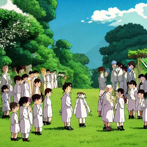 Image similar to STUDIO GHIBLI | a wedding at the farm, happy antropomorphic farm animals wearing wedding suits and robes, extended family, outside, mountain background, by Studio Ghibli, still picture, perfect movie shot, animation masterpiece, composition, frame