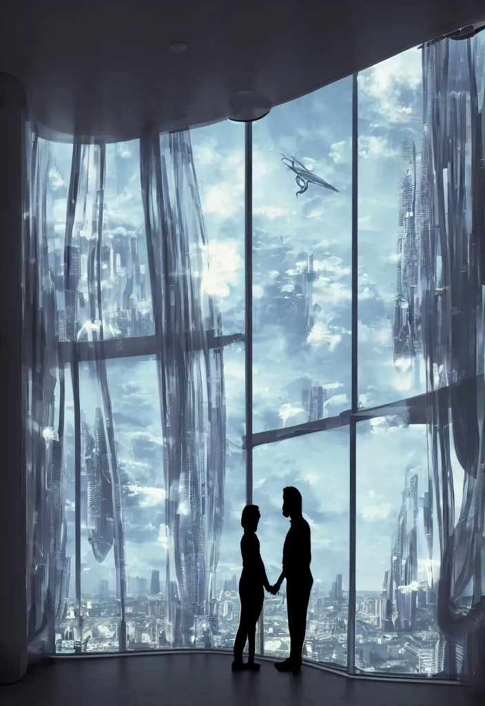 Image similar to silhouette of a couple in a futuristic appartment, window with a futuristic city, rossdraws, global illumination, radiant light, detailed and intricate environment