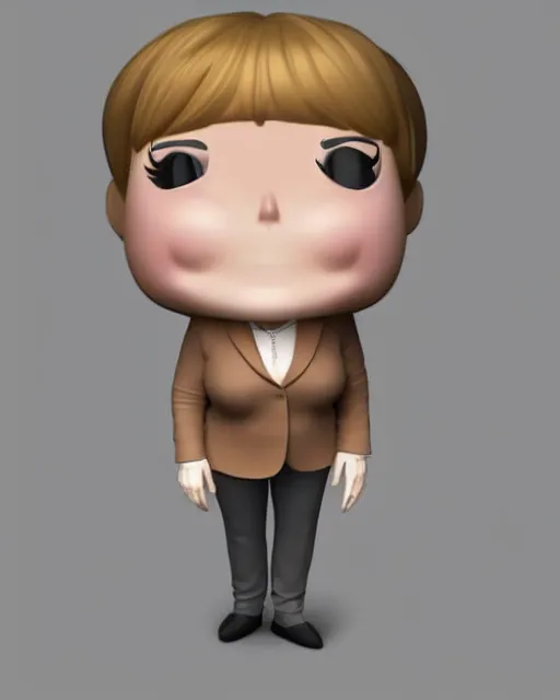 Prompt: full body 3d render of angela merkel as a funko pop, studio lighting, white background, blender, trending on artstation, 8k, highly detailed