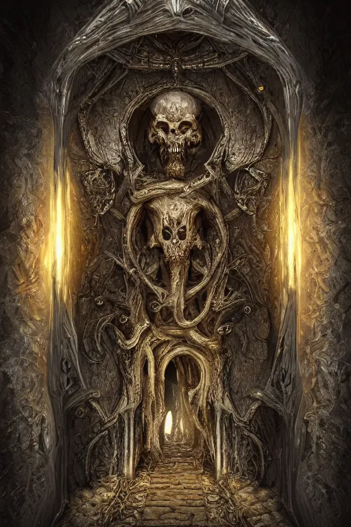 Image similar to extremely 3 d render detailed intricate ornate metallic bone carved concept art of hooded necromancer in front of a lovecraft portal