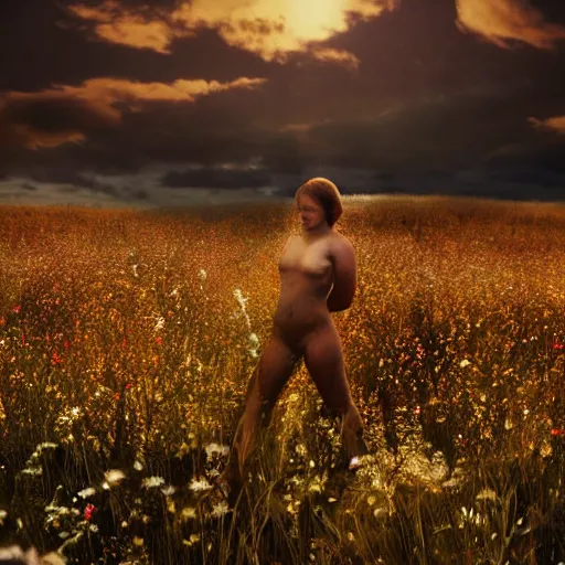 Prompt: hyper realistic cinematic photo human body made of wild flowers, golden hour