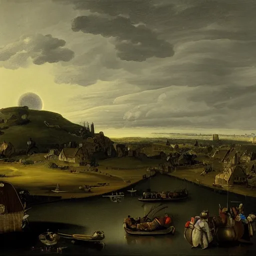 Image similar to dark solar eclipse, above a village, highly detailed, studio 4 k quality, by pieter claesz