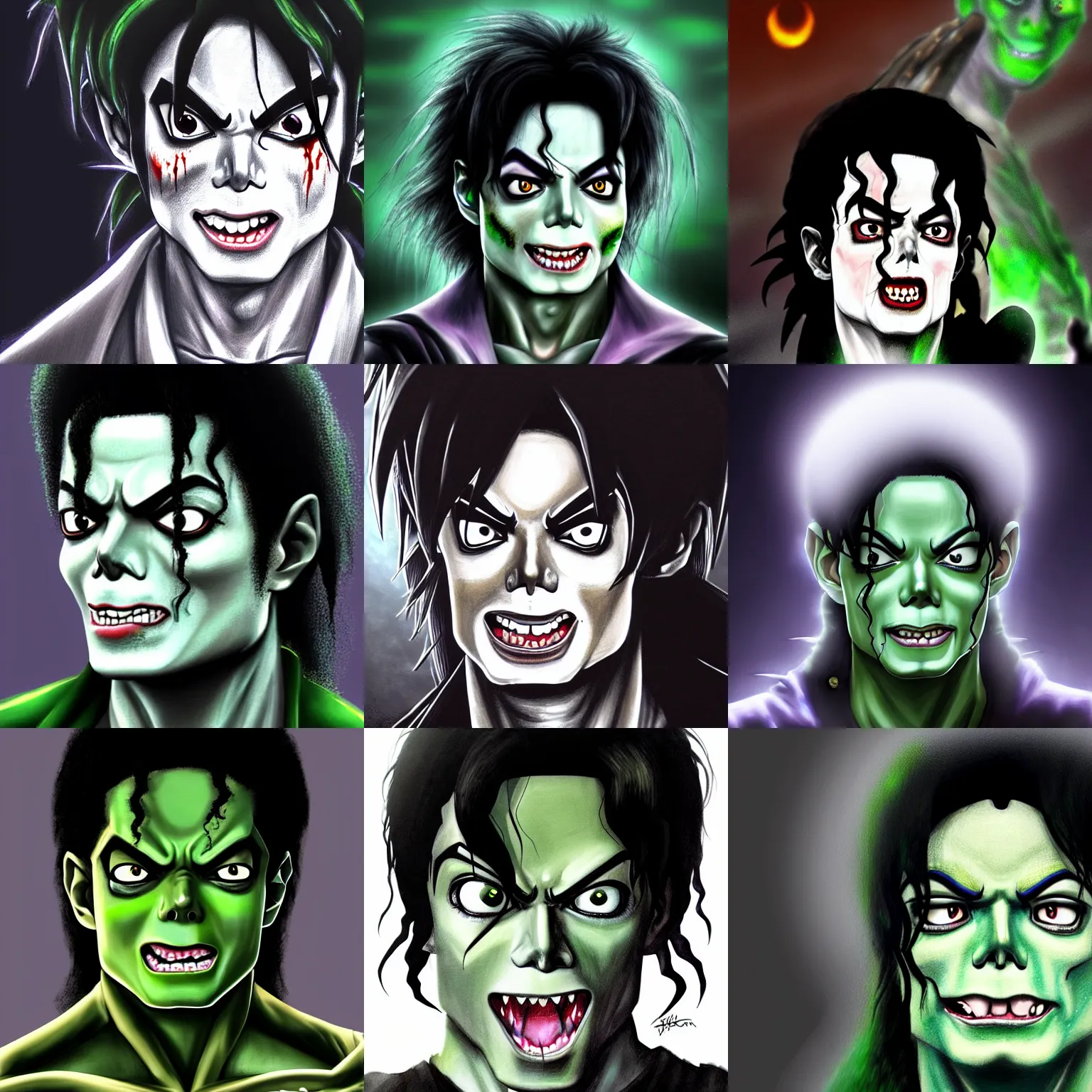 Prompt: michael jackson!!!! realistic dramatic !big face realistic close up concept art of michael jackson gray green zombie as a dragon ball Z character,dark eye sockets, graveyard landscape at night , 4k anime character illustration by akira toriyama, artstation