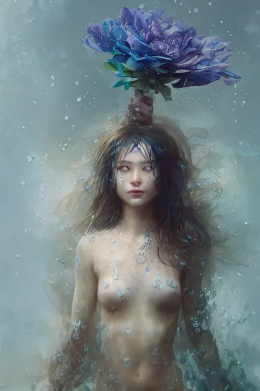 Image similar to face closeup a young beautiful girl drowned in water, underwater photography, swimming, 3 d render, hyper realistic detailed portrait, holding magic flowers, ruan jia, wlop. scifi, fantasy, hyper detailed, octane render, concept art, by peter mohrbacher, by wlop, by ruan jia