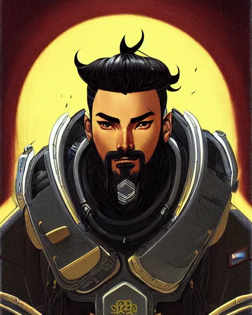 Image similar to hanzo from overwatch, character portrait, portrait, close up, concept art, intricate details, highly detailed, vintage sci - fi poster, retro future, vintage sci - fi art, in the style of chris foss, rodger dean, moebius, michael whelan, katsuhiro otomo, and gustave dore