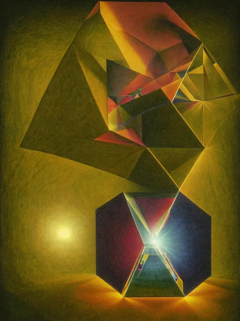 Image similar to hyperrealistic still life portrait of a mind exploding in a forest, beautiful plans, sacred geometry, light refracting through prisms in a tesseract, by caravaggio, botanical print, surrealism, vivid colors, serene, golden ratio, rule of thirds, negative space, minimalist composition, in the style of james turrell